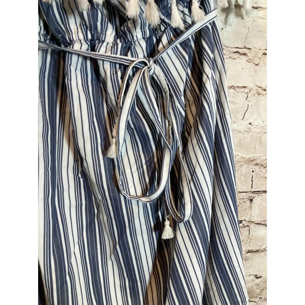 Isabel Maternity Dress Womens Medium Blue Vertical Striped Tasseled One Shoulder - Picture 6 of 16